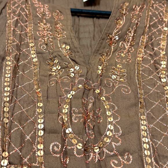 Faded Glory M Brown 3/4 Top Boho Whimsygoth Summer Cottage Fairy Sequin Plisse - Picture 2 of 10